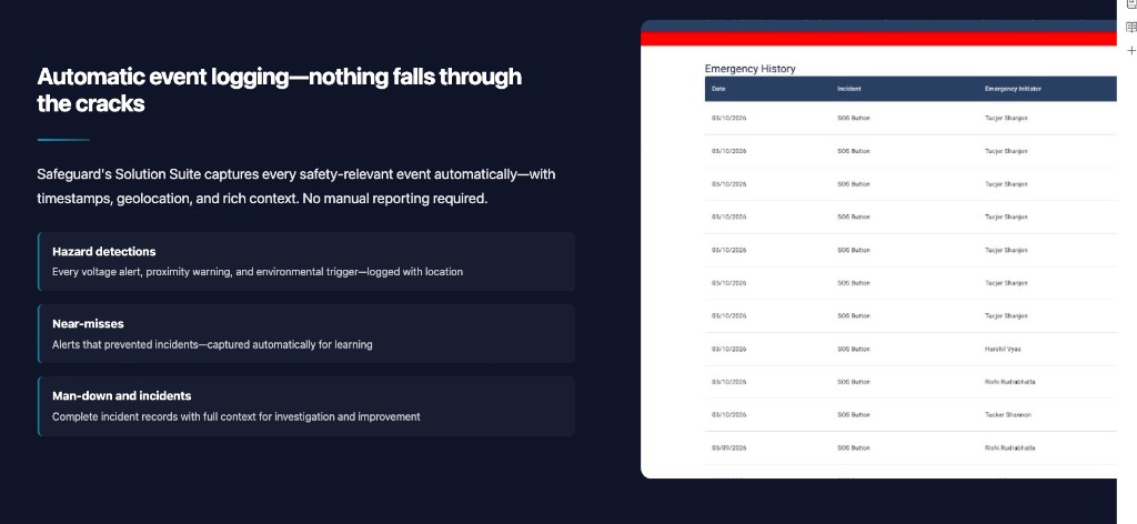 Navigator Console Emergency History page with date, incident type, initiator, resolved status, and PDF download icons