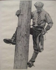 Drawing of Utility Lineman wearing felt hat as protection.